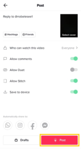 Tap Post button to publish a video reply on TikTok