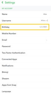 Go to the Birthday to change your birthday on Snapchat
