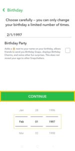 Tap CONTINUE to update your birthday on sanpchat