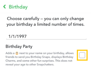 Tap Unmarked Checkbox Of Birthday Party to enable birthday party on snapchat