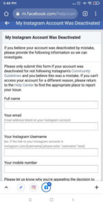 Instagram deactivated page