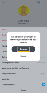 tap the Remove button to delete mass friends from Snapchat